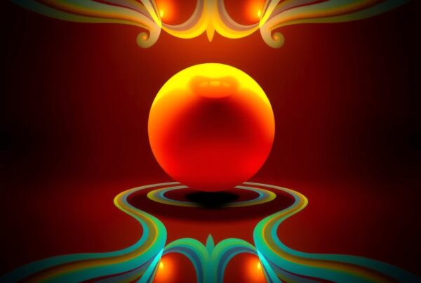 Vivid digital art displaying a glowing orange sphere with dynamic, flowing patterns in a rich, dark red setting.