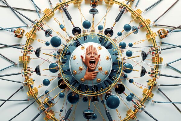 A surreal mechanical structure with a distressed human face at its center, surrounded by intricate gold and blue components.