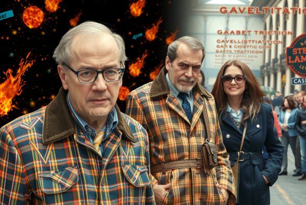 A group of people in plaid jackets stand in a surreal cityscape with meteors and creative typography around.