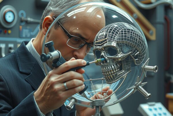 A scientist works meticulously on a robotic skull with intricate details inside a laboratory setting.