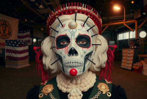 A mysterious figure with skull face paint and a red crown in a dimly lit room with flags and industrial objects in the background.