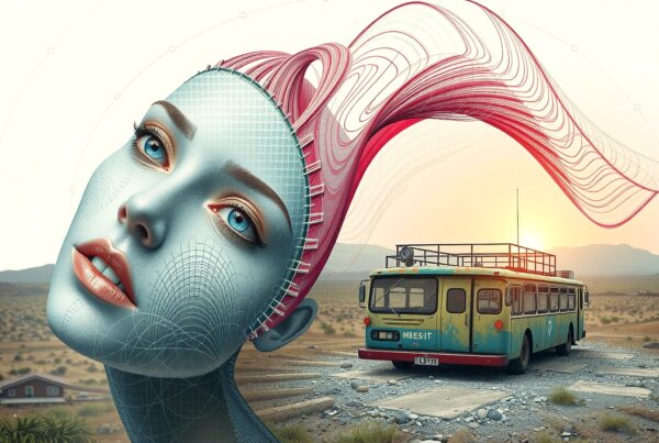 A surreal digital artwork with a techno-human element blending nature and technology.
