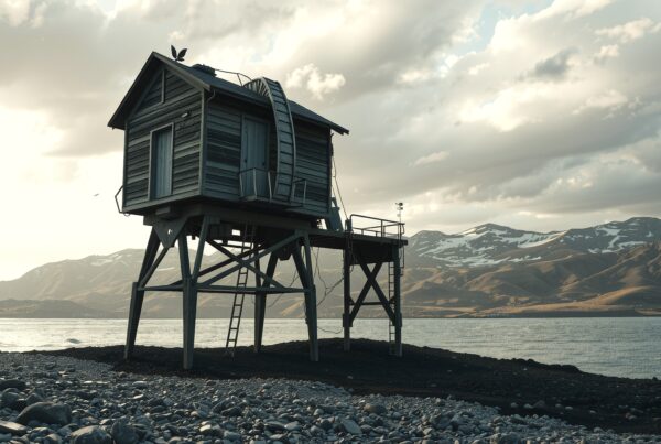 A rustic wooden house stands on stilts by a rocky beach, set against a scenic mountain backdrop.