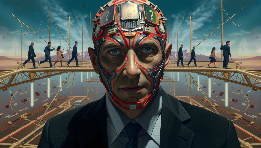 Conceptual Portrait of a Businessman with an Analytical Gear-Hea