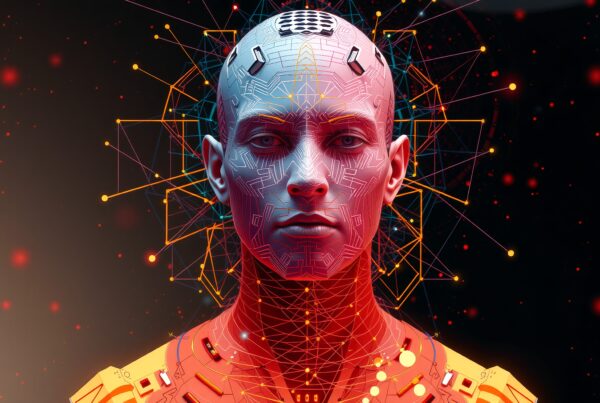 A futuristic humanoid with geometric patterns and a glowing network backdrop.