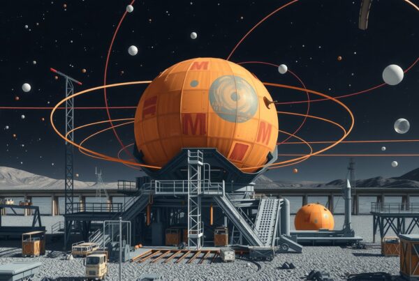 Futuristic space scene with celestial bodies.