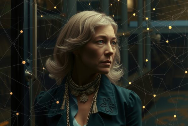 A contemplative woman in elegant attire surrounded by a digital network overlay.