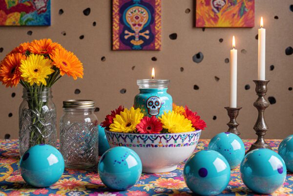 Colorful Day of the Dead altar with decorated skull candle and vibrant flowers.