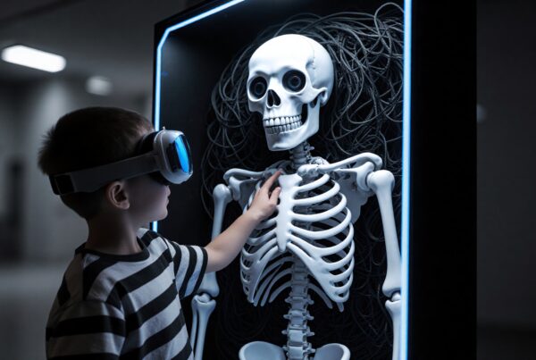 A young boy interacts with a skeleton display using virtual reality goggles in a dimly lit exhibit.