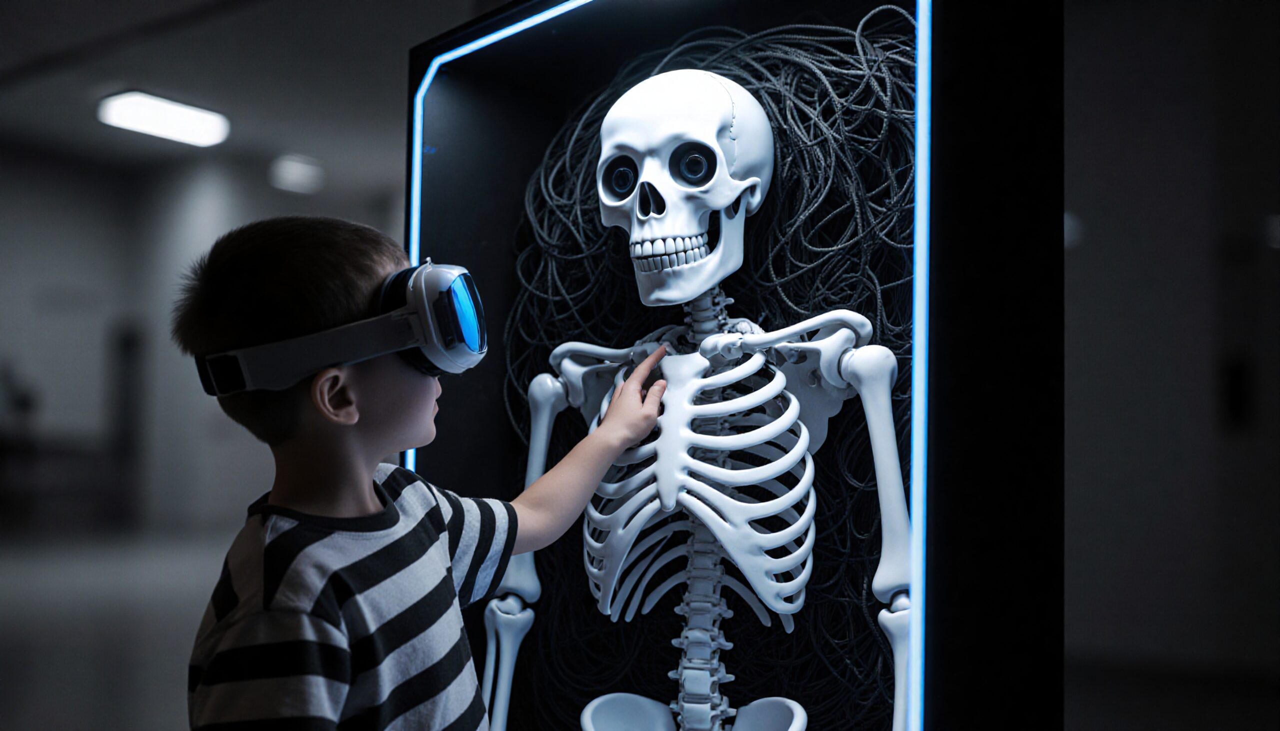 Curious Child Explores Skeleton Display