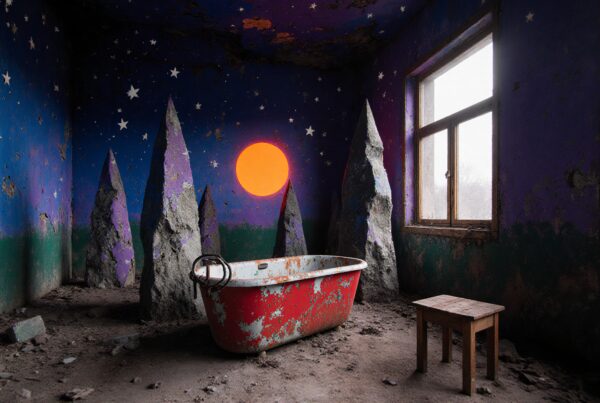An abandoned room with cosmic-themed walls and a red bathtub.