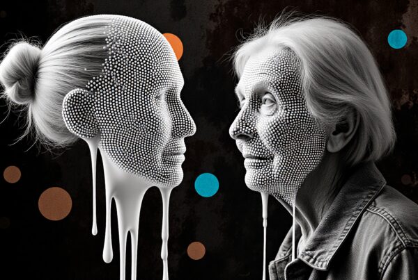 Surreal image of contrasting profiles representing age and youth with dot textures and colorful highlights.