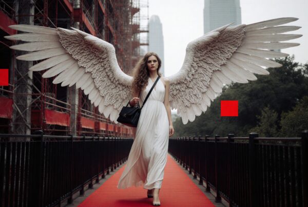 A woman with angel wings walks confidently along a red carpet bridge in an urban setting.