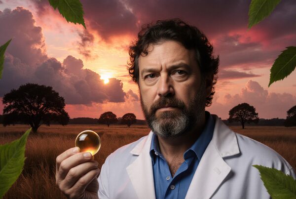A man in a field at sunset holding a glowing sphere, framed by leaves.