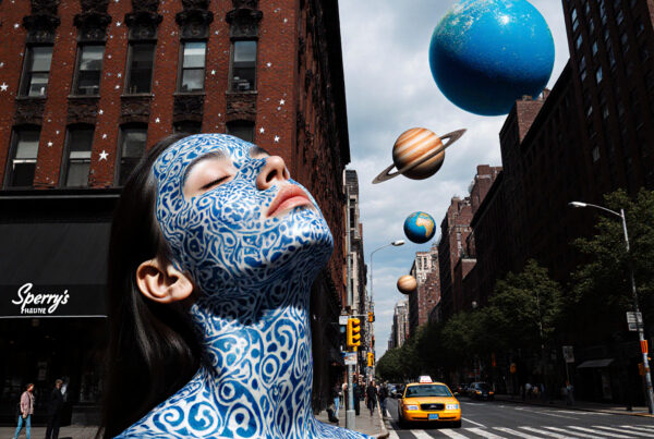 A woman with blue painted patterns on her face stands on a city street under floating planets, creating a surreal atmosphere.