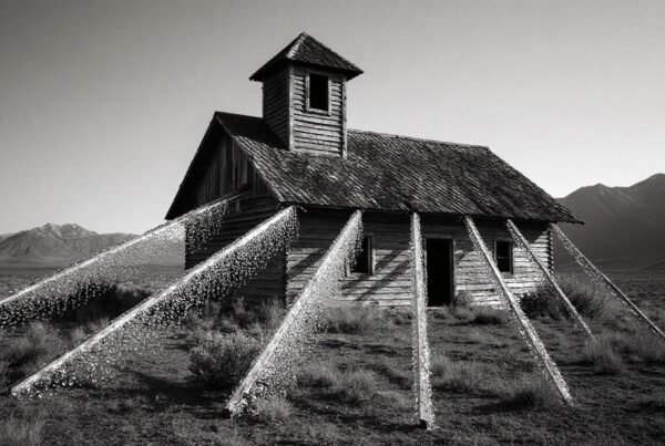 A vintage wooden building with beams of light in an arid landscape.