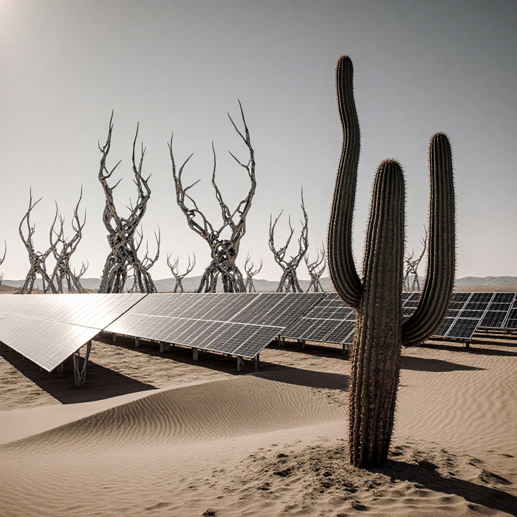 Desert Solar Farm with Cacti and Skeletal Trees