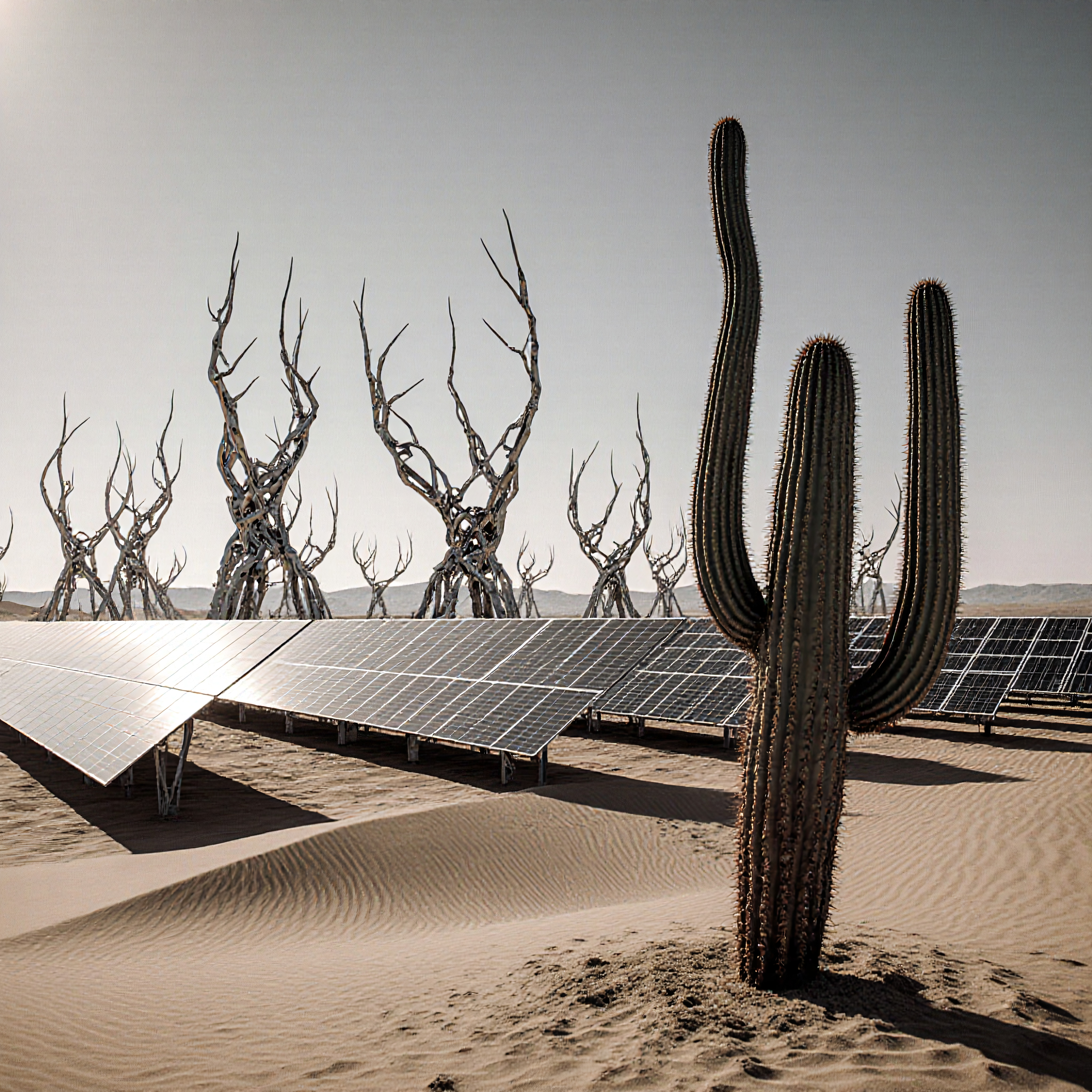 Desert Solar Farm with Cacti and Skeletal Trees