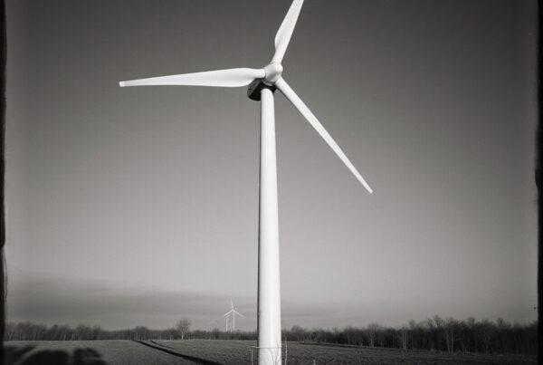 A large wind turbine stands in a grassy field under a clear sky.