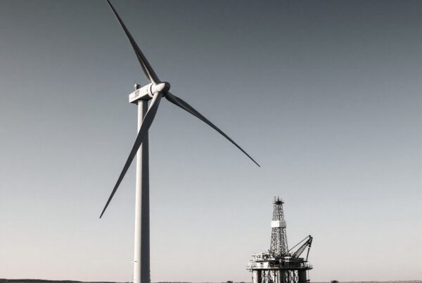 A wind turbine and oil rig in an open landscape illustrating the contrast between renewable and fossil fuel energy sources.