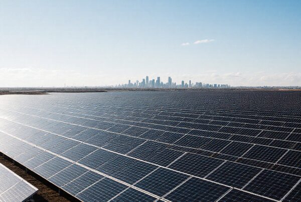 Expansive field of solar panels with city skyline in the background.