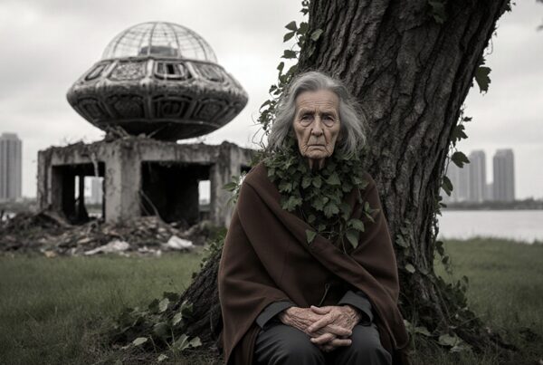An elderly woman sits by a tree with a futuristic structure in the background.