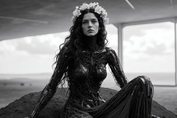 Futuristic robotic woman with flower crown.