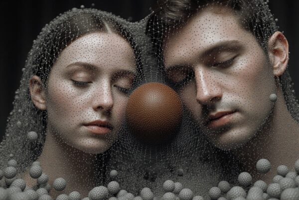 Two people with mesh and spheres creating a surreal connection.