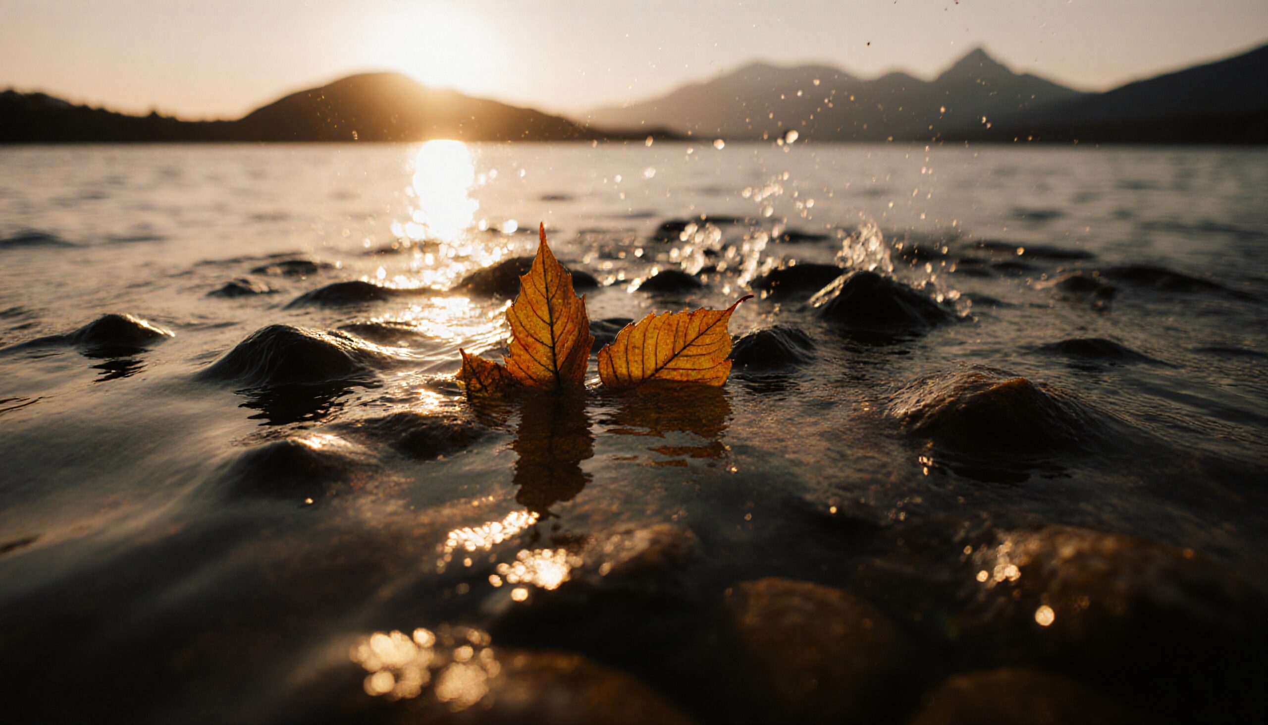Sunset leaves on tranquil lake