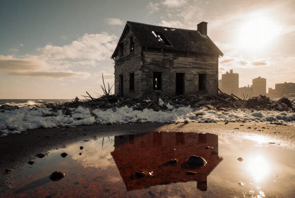 An abandoned house on a shore reflects in a puddle.