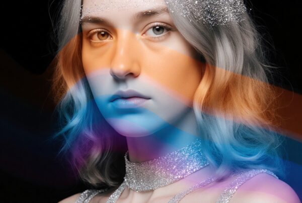 A futuristic portrait with colorful waves and shimmering silver highlights on hair.
