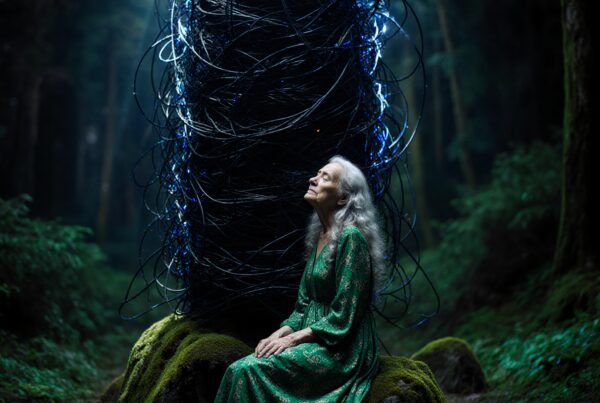Elderly woman in green gown sits by glowing wired structure in a mystical forest setting.