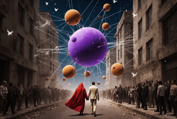 A couple walks beneath floating celestial spheres in an urban street.