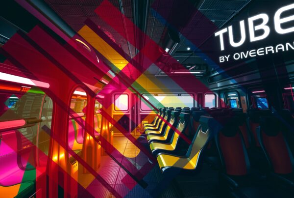 Futuristic train interior with colorful seating and neon lighting.