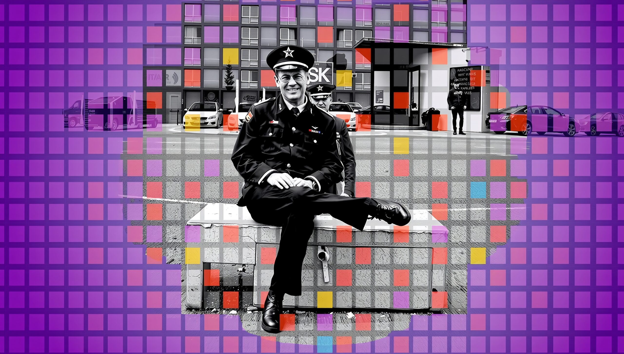 Man Sitting Against Vibrant Grid