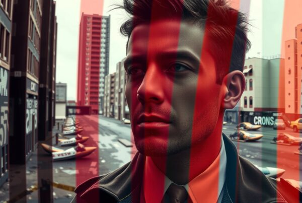 A man in a suit stands amidst tall buildings with graffiti, overlaid by red stripes.