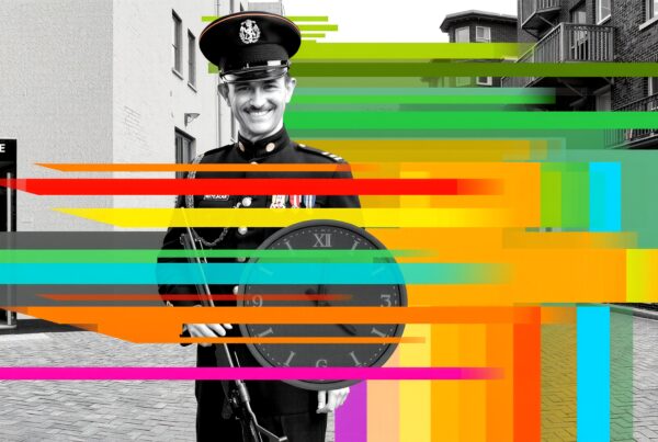 A uniformed man with a clock and colorful digital streaks.