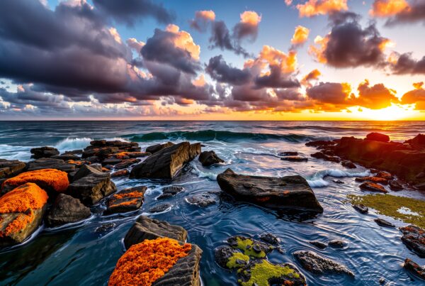 A stunning sunset over a rocky coastal landscape with vibrant orange and green algae-covered rocks and dramatic clouds.