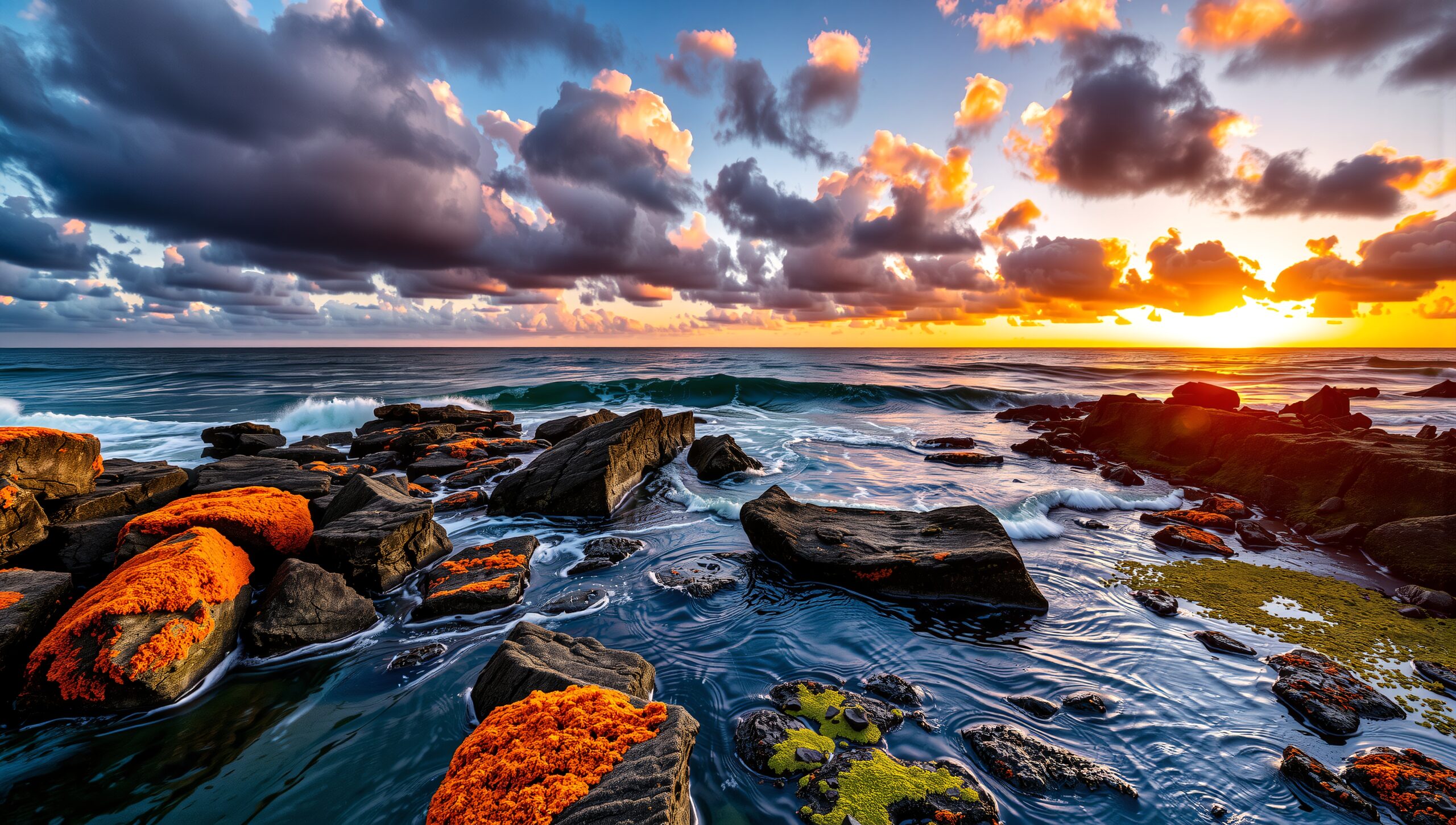 Sunset over vibrant rocky shore