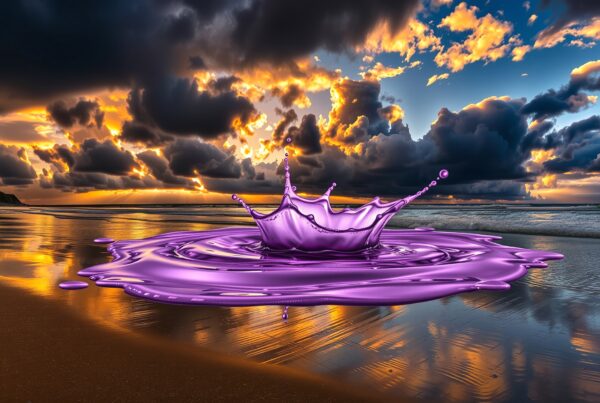 Surreal purple liquid splash forming crown shape on sandy beach during colorful sunset over ocean