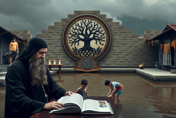 Elder reads scripture amid flooded courtyard with symbolic tree mural behind