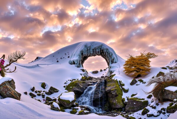 Frozen Ice Arch Waterfall Mountain Sunset Winter Landscape Photography