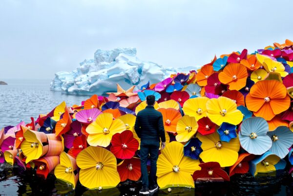 Man standing before colorful flowers.