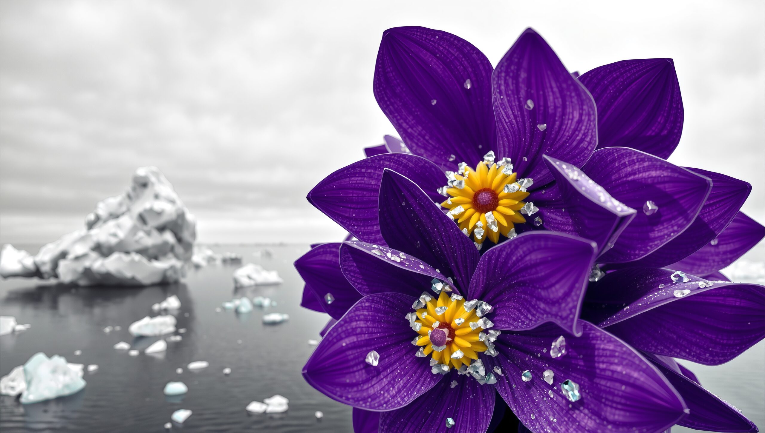 Purple Flowers Amidst Ice