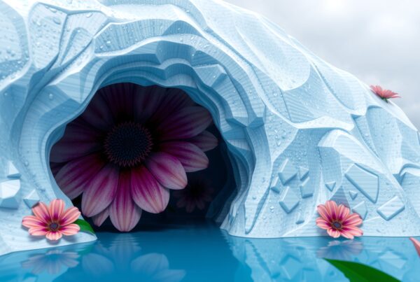 A vibrant pink flower blooms from an icy cave, surrounded by smaller blossoms and reflections on the water, creating a surreal and beautiful scene.