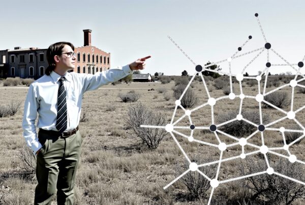 A young man points at a digital molecular structure superimposed over a historic building in a grassy field.