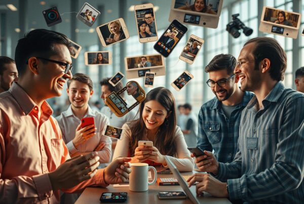 A group of people joyfully interacting with smartphones in a modern office, highlighting digital connectivity through floating video call screens.