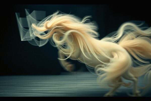 Ethereal white horse in motion, mane flowing dynamically against dark background.
