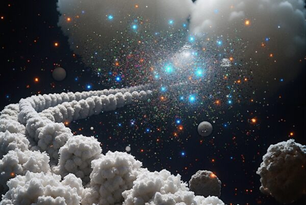 A dreamy cosmic scene with clouds, stars, and vibrant particles.