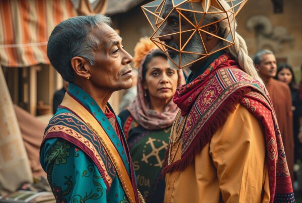 Intriguing cultural scene with two men in traditional attire, one wearing a geometric mask, exchanging intense gazes.